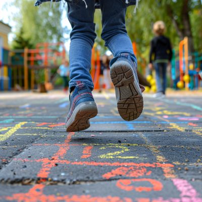 A game of jumping on a school playground with chalk numbers and squares representing childhood innocence and children having fun during recess or after school.