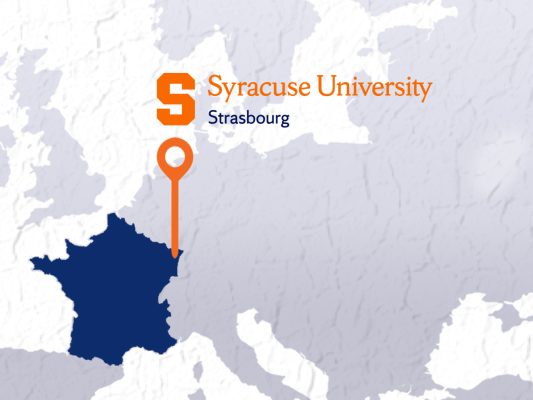 "Map of Europe highlighting France in navy blue, with an orange location pin marking Strasbourg and the Syracuse University Strasbourg program logo."