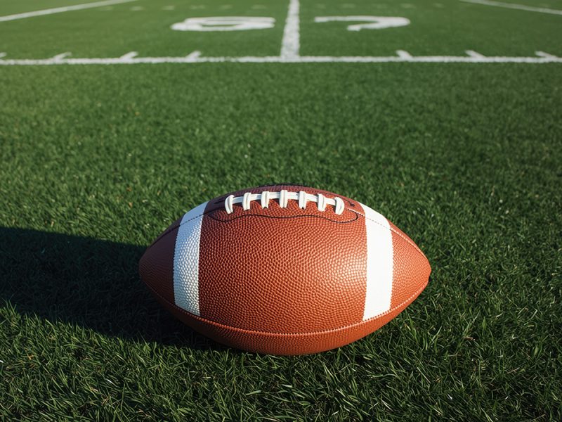 A brown American football with white stripes and white laces rests on a green grass field, with painted yard line markings visible in the background.