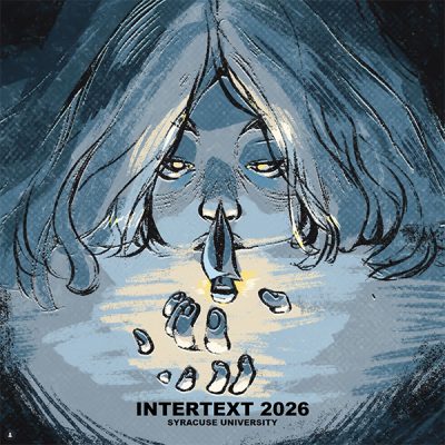 Cover art for Intertext 2026 at Syracuse University, featuring a moody blue illustration of a figure peering downward at scattered objects, rendered in a sketchy, expressive style.
