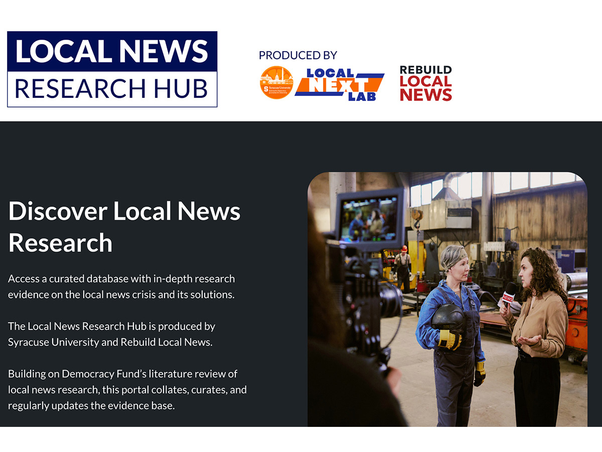 Local News Research Hub website homepage with partner logos and a photo of a reporter interviewing a factory worker.