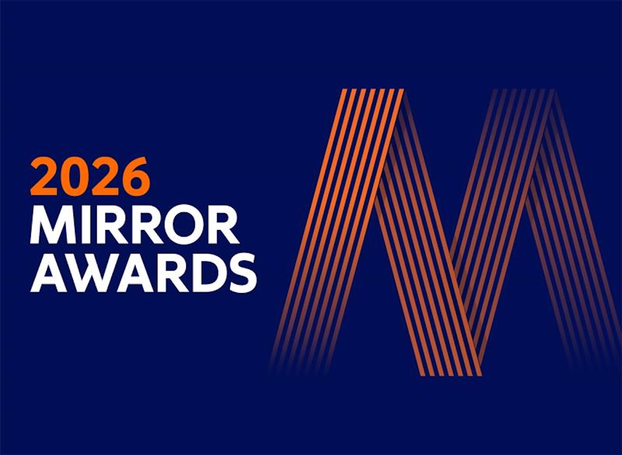 Graphic with dark blue background reading “2026 Mirror Awards,” alongside a stylized orange mirrored “M” made of parallel lines.