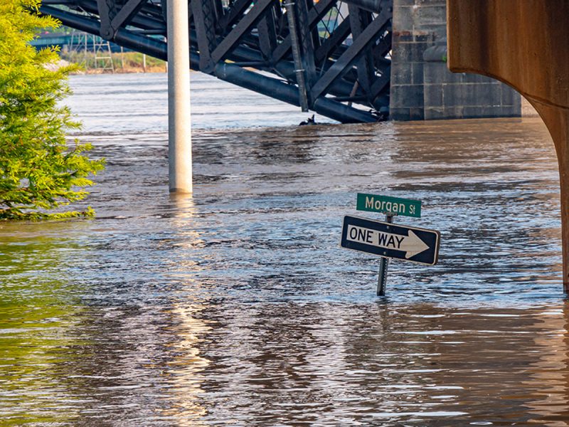 Floodwaters submerge Morgan Street near a large steel railroad or highway bridge, with a One Way sign partially underwater. Brown, murky water fills the street to several feet deep, with a light pole and green trees also visible in the background.