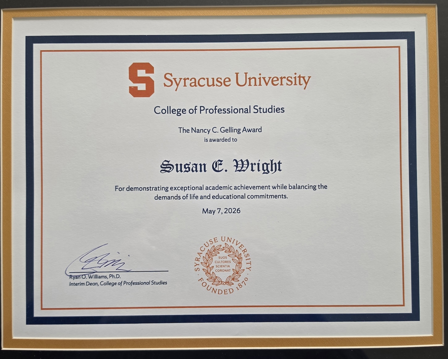 Framed Syracuse University certificate awarding the Nancy C. Gelling Award to Susan E. Wright, dated May 7, 2026. 
