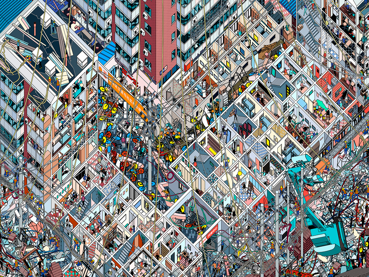 Detailed digital drawing of a dense, colorful urban building cross-section