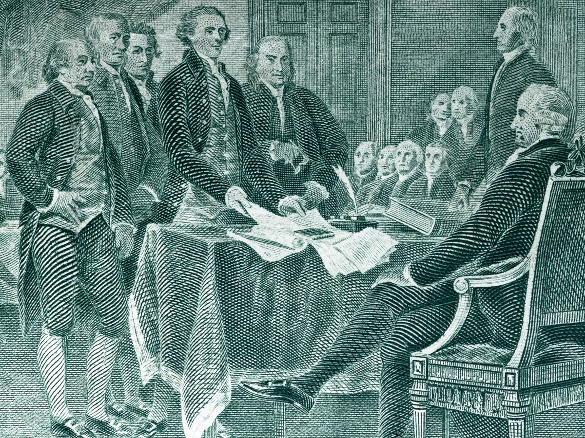 Engraving depicting Founding Fathers gathered around a table during the Constitutional Convention