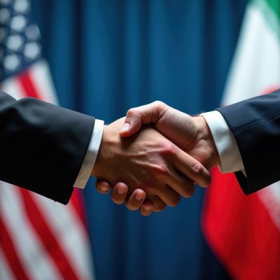 Two people in dark suits shake hands in front of the American and Iranian flags