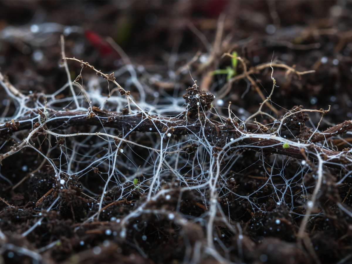 Close-up of white mycelium threads weaving through dark soil and organic matter.