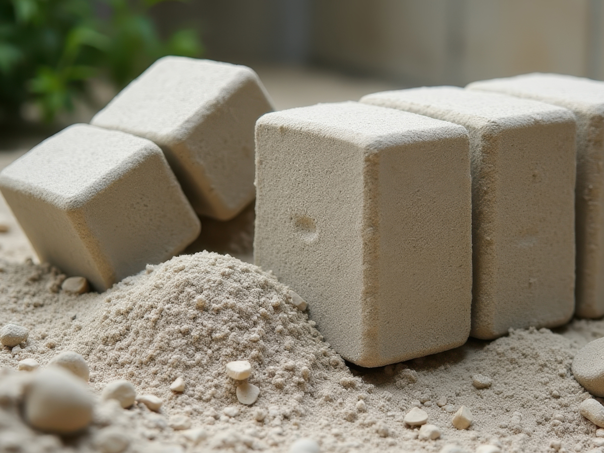 Several off-white mycelium composite bricks arranged amid loose granular material. 