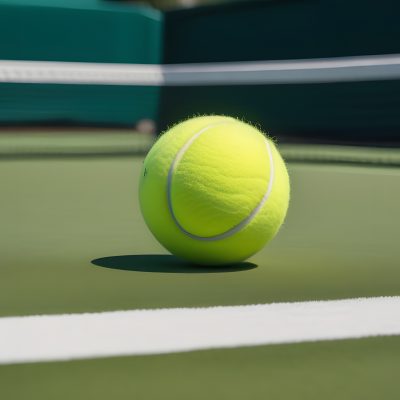 A bright green tennis ball on a vibrant court