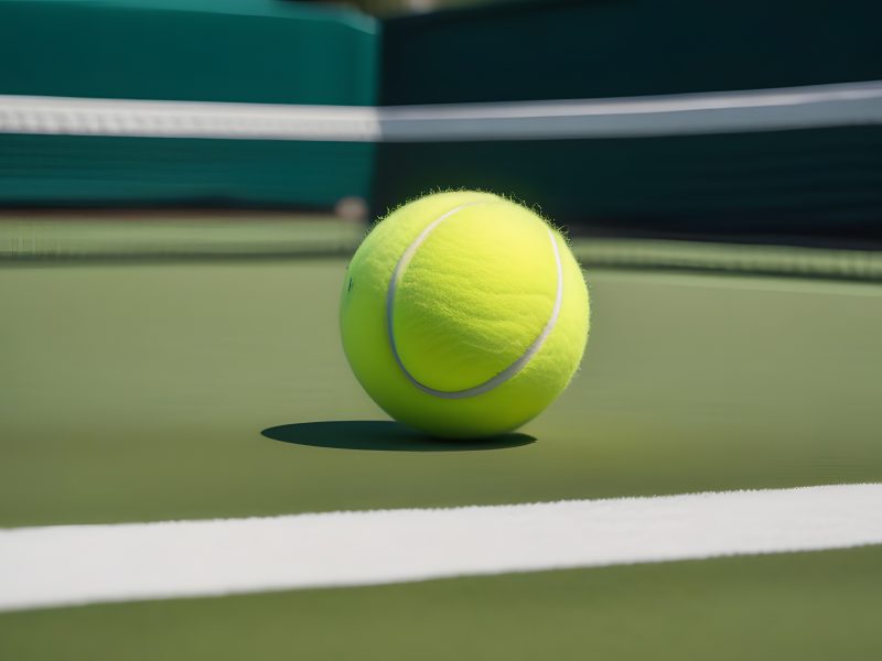 A bright green tennis ball on a vibrant court