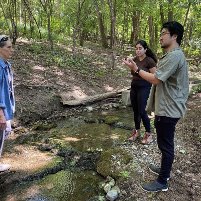Three people talking beside a small, rocky woodland stream, dappled in sunlight. One man gestures with his hands as if explaining something, while the other two listen.
