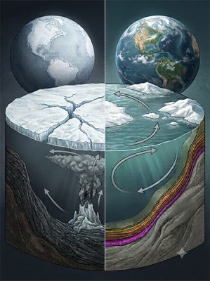 Split illustration comparing a frozen, ice-covered Earth with volcanic activity cracking the ice cap (left) to a warmer Earth with open ocean and colorful rock layers below (right).