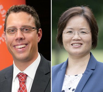 Side-by-side headshots of two people in professional attire against different backgrounds.