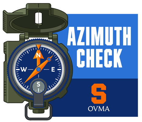 Illustrated graphic of a military lensatic compass beside the text 'Azimuth Check' on a blue background, with an orange Syracuse 'S' and 'OVMA' logo below."