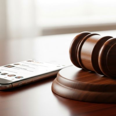 Gavel resting on sound block next to a smartphone displaying a social media feed