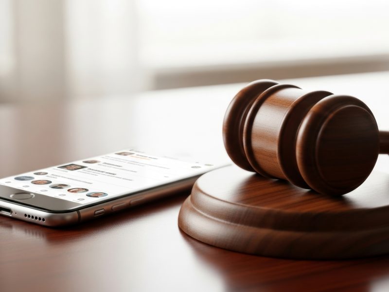 Gavel resting on sound block next to a smartphone displaying a social media feed