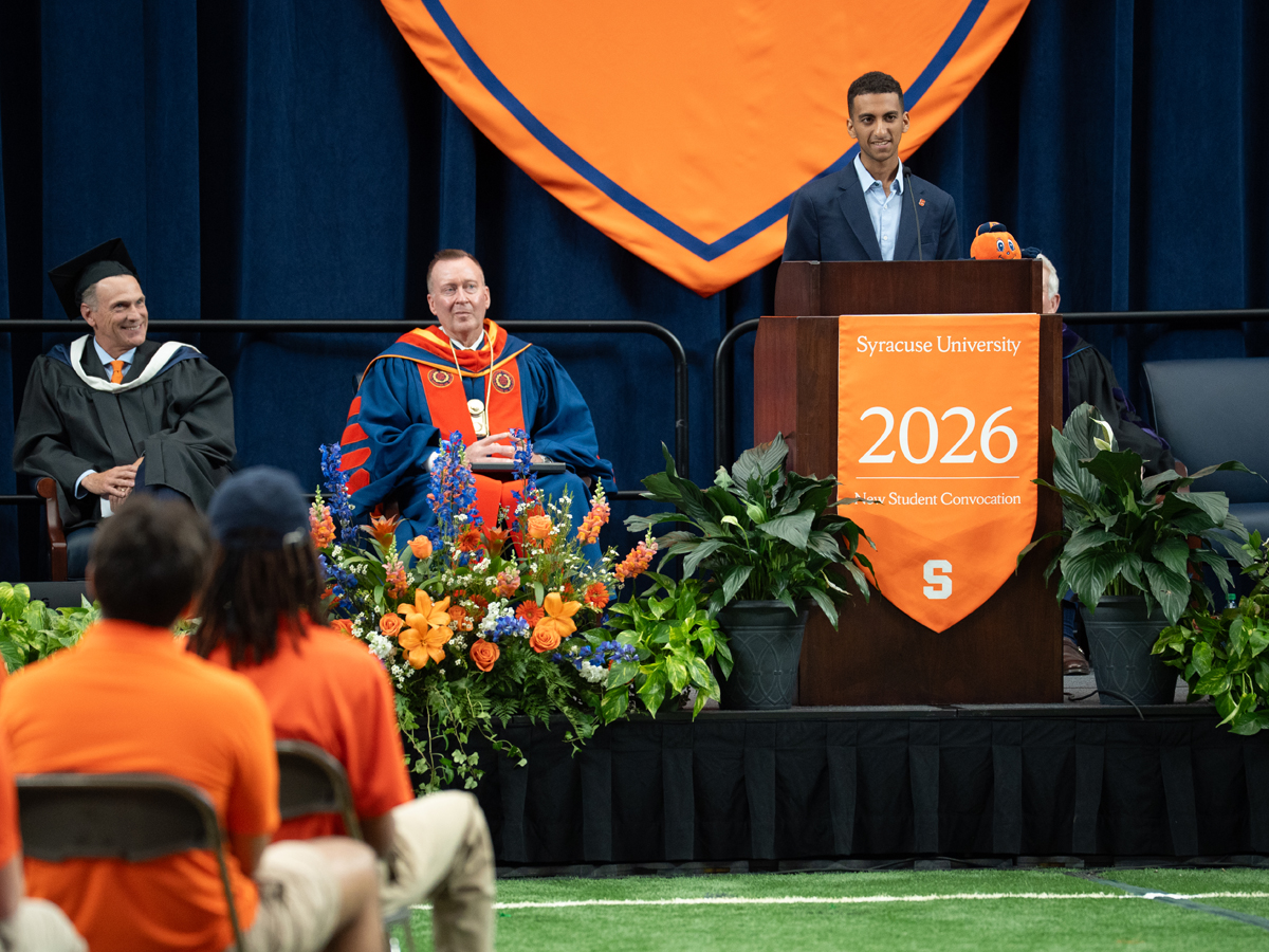 Student speaks at podium during 2026 New Student Convocation ceremony.