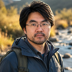 Portrait of a man with short dark hair, glasses, and a light beard, wearing a navy jacket with backpack straps, standing outdoors near a rocky stream with golden autumn grasses in the background, softly lit by late afternoon sun.