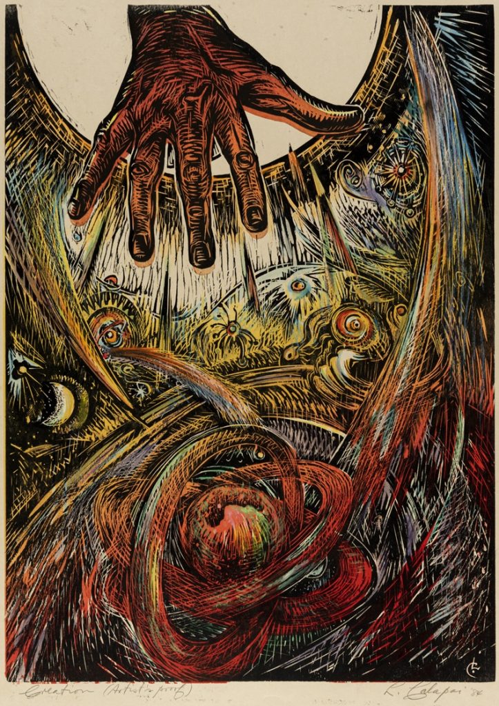 Relief print of a hand reaching toward a swirling cosmic scene
