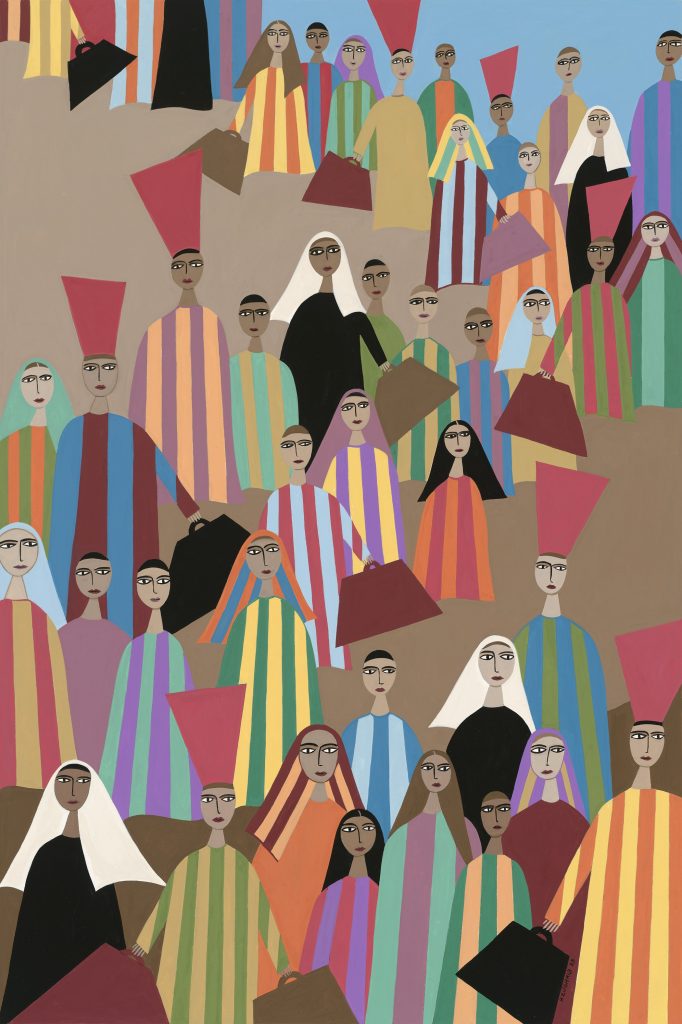 Stylized painting of a large crowd of figures in colorful striped robes and varied headwear