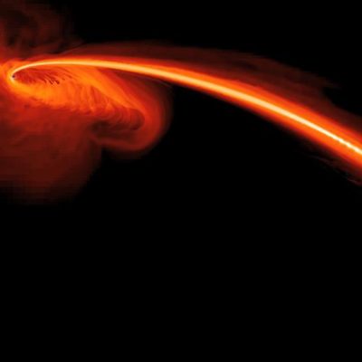Illustration of a repeating partial tidal disruption event, showing a bright stream of glowing matter arcing from a swirling disk into a dark background.
