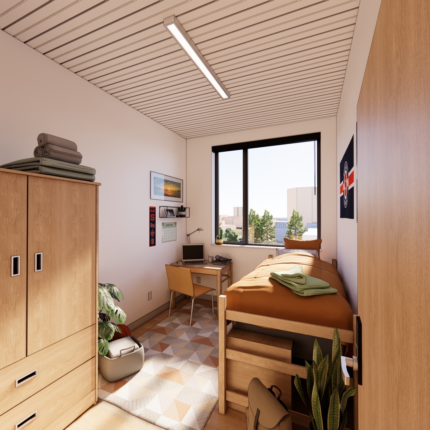 Single-occupancy residence hall room with a bed, desk, wardrobe, and large window overlooking campus.