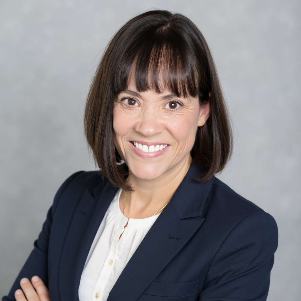 Professional headshot of a person wearing a navy blazer and white blouse against a gray background.