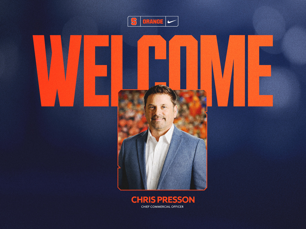 Syracuse Orange graphic welcoming Chris Presson, chief commercial officer, with his portrait against a navy background
