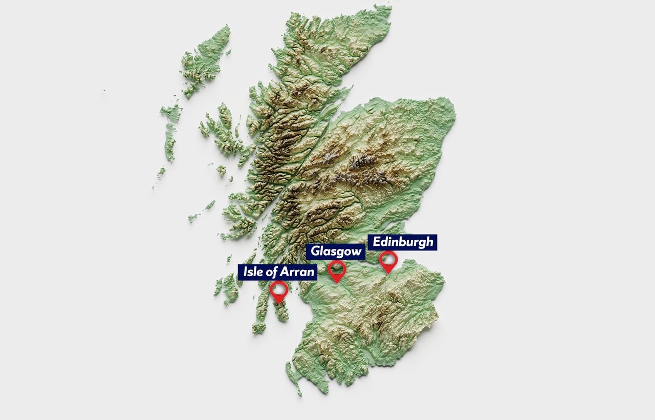 Topographic map of Scotland highlighting Glasgow, Edinburgh, and the Isle of Arran.