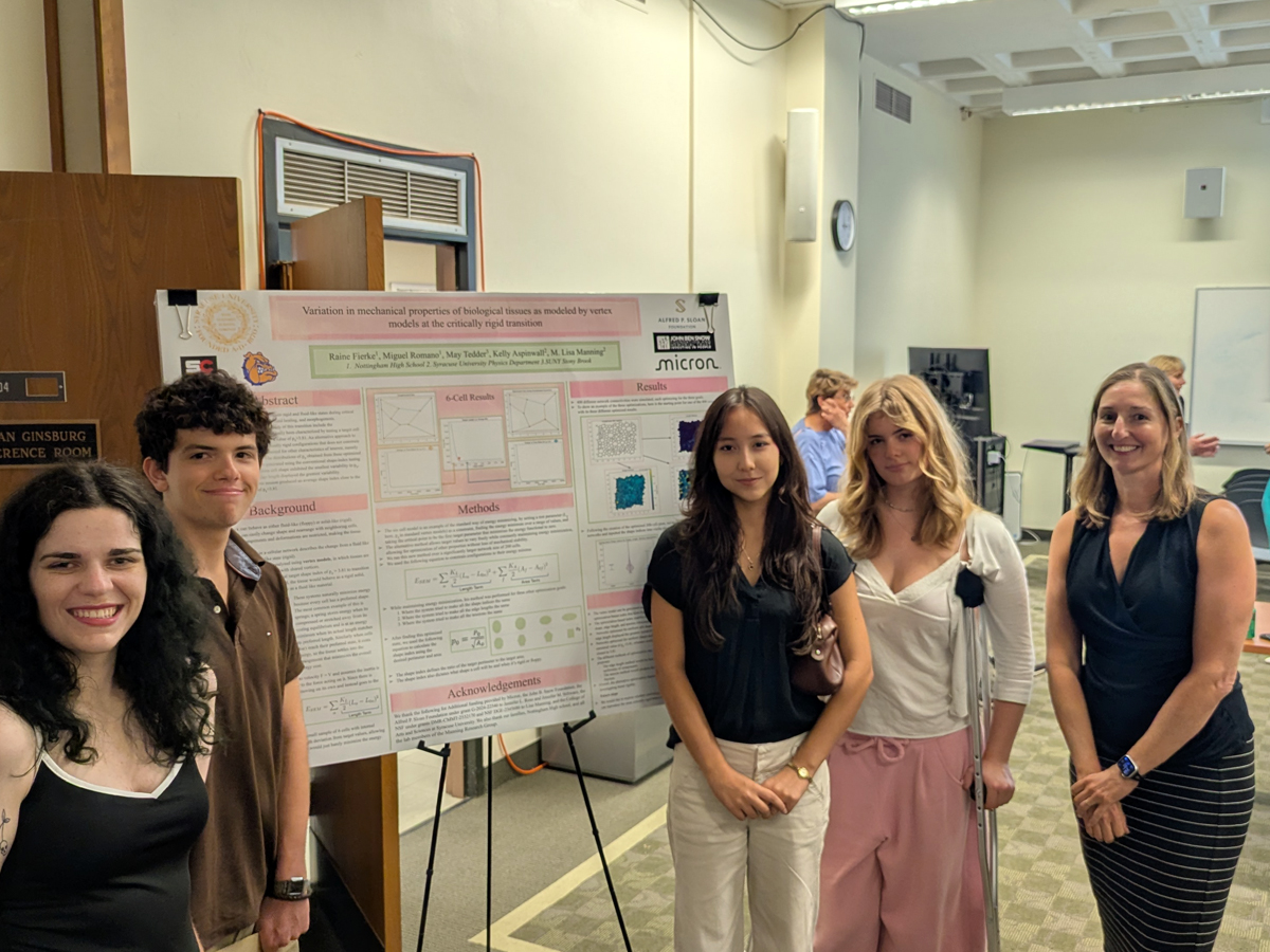 Five people pose beside a research poster on biological tissue mechanics.
