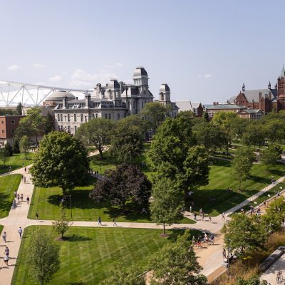 Aerial view of the Syracuse University Quad with Carrier Dome and Crouse College.