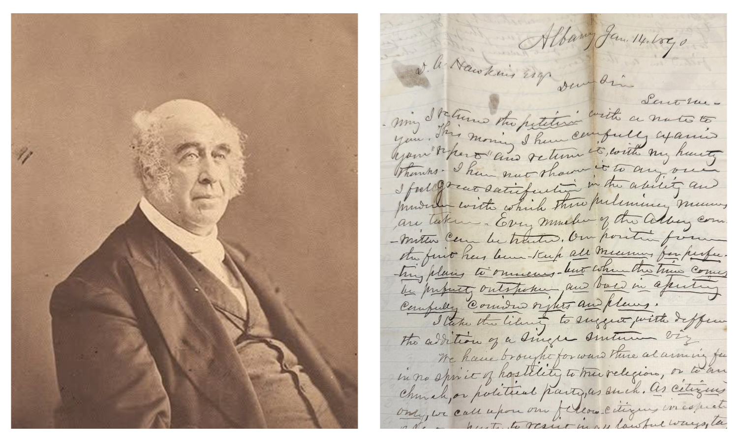Side-by-side image of a sepia portrait and a handwritten 1870 letter associated with the same historical figure.