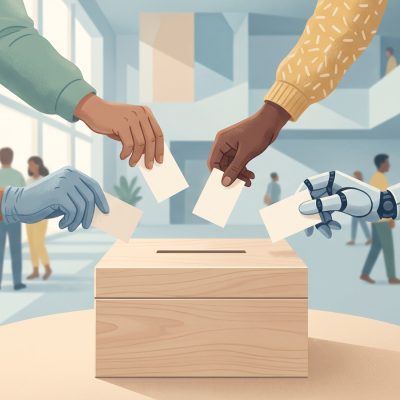 Illustration of human and robotic hands dropping ballots into a wooden ballot box.