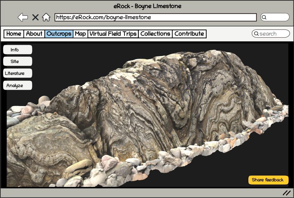 Website mockup of eRock showing a 3D model of the folded, banded Boyne Limestone outcrop, with menu tabs and side buttons for Info, Site, Literature, and Analyze.