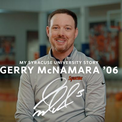 A person in a Syracuse pullover in a gym, with the title My Syracuse University Story