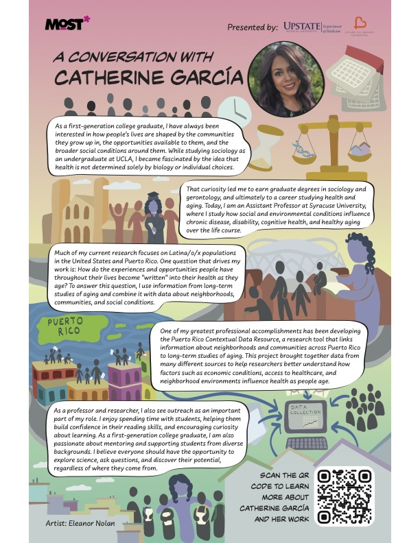 Illustrated poster for “A Conversation with Catherine García,” featuring biographical text, research-themed graphics, and a QR code.