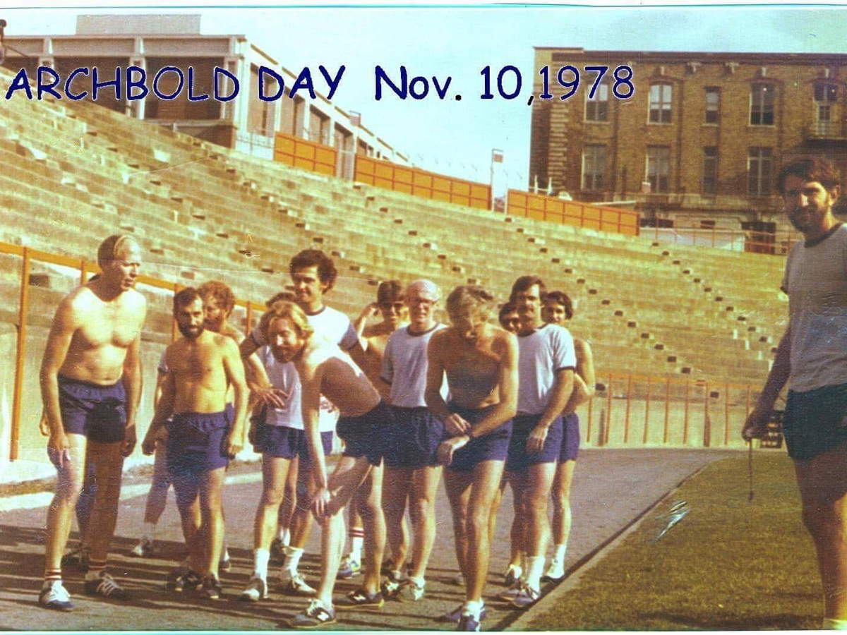 Runners in shorts line up on a track at Archbold Stadium, captioned "Archbold Day Nov. 10, 1978"