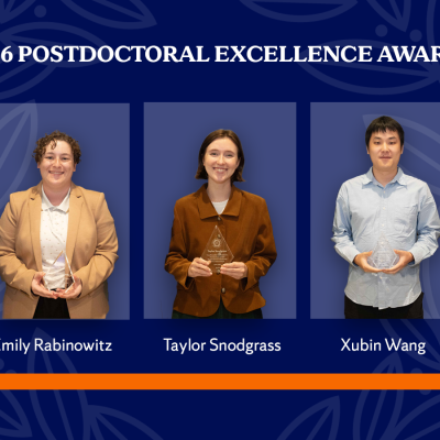 Graphic titled "2026 Postdoctoral Excellence Awards" showing three award recipients, Emily Rabinowitz, Taylor Snodgrass and Xubin Wang, each holding a glass award, against a navy background with an orange bar.