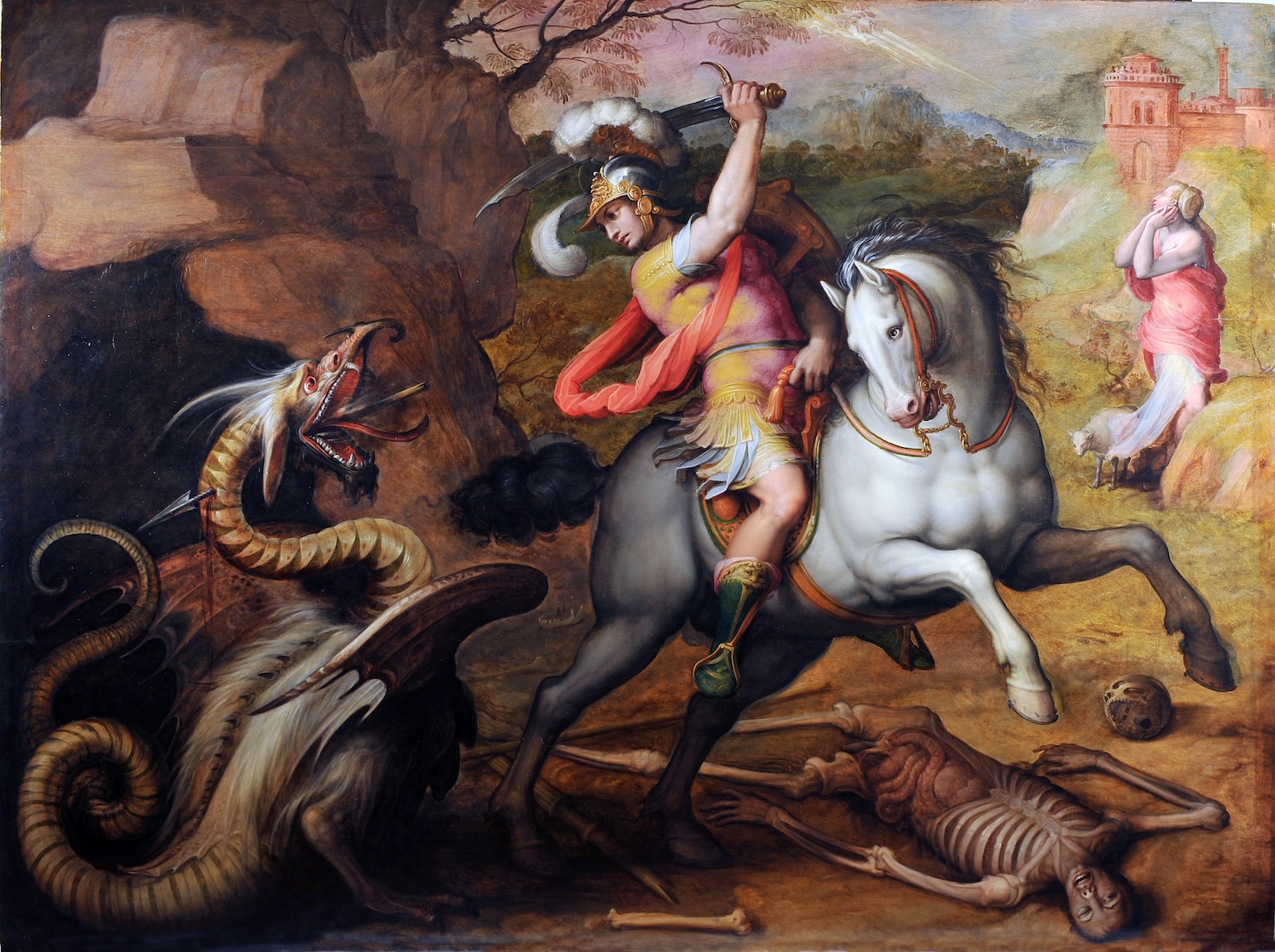 A mounted armored rider raises a sword to strike a dragon-like creature emerging from a cave, while a robed figure stands in the background and a skeleton lies in the foreground.