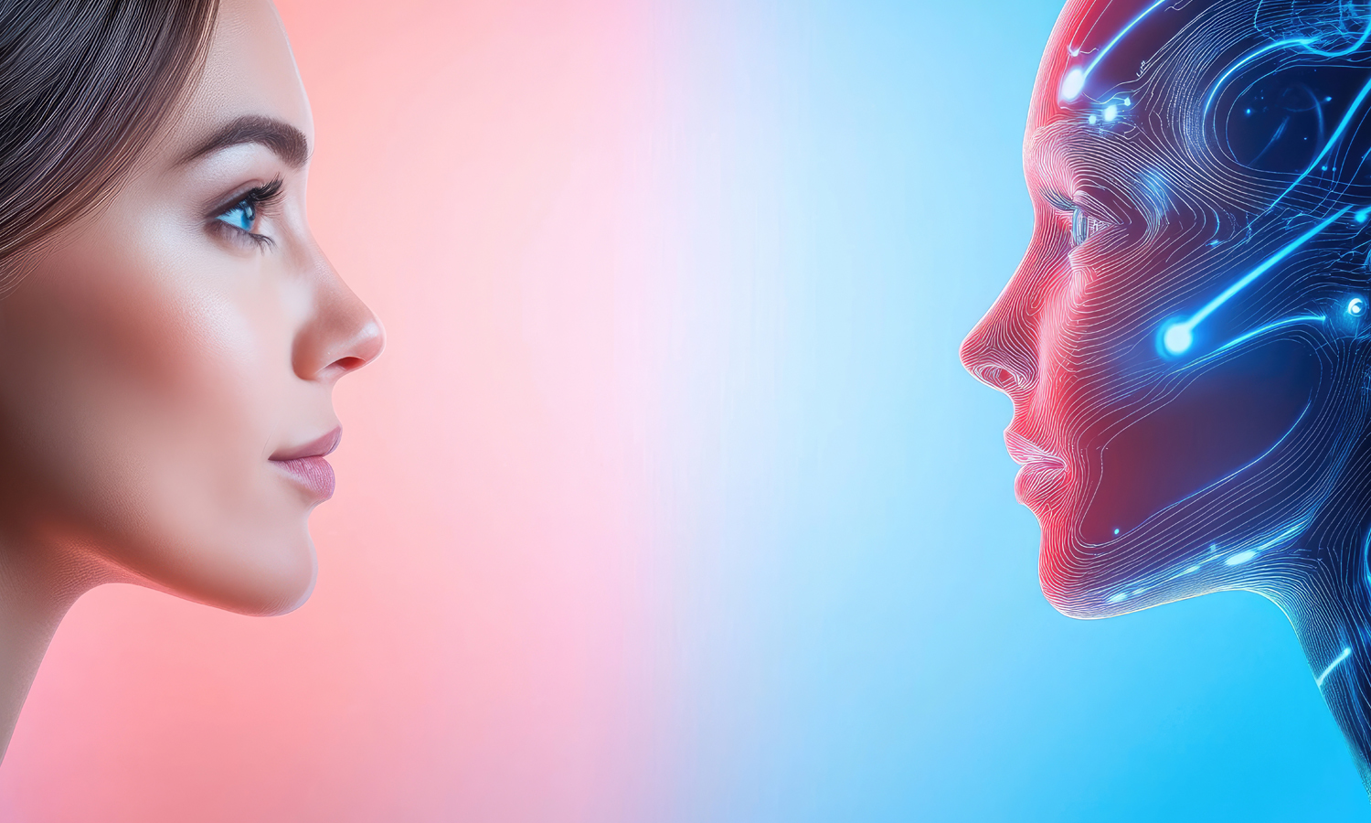 Woman in profile faces a glowing digital human face against a pink-to-blue gradient.