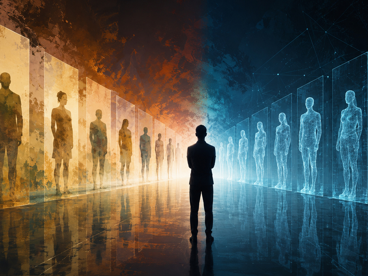 A person stands between rows of human figures in glass panels, orange at left and glowing blue at right.