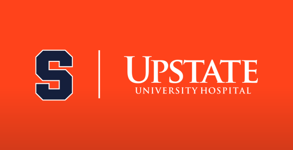 Syracuse University Block S and Upstate Medical University logos on an orange background