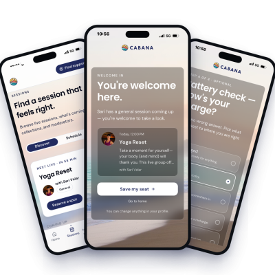 Three smartphone screens displaying the Cabana wellness app, highlighting session discovery, a personalized welcome screen with a yoga session, and a wellness check-in questionnaire.